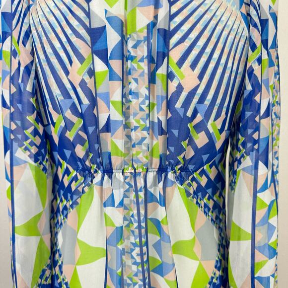 Hale Bob | Blue & Green Print Beaded Embellished V-neck Long Sleeve Blouse - Picture 8 of 12